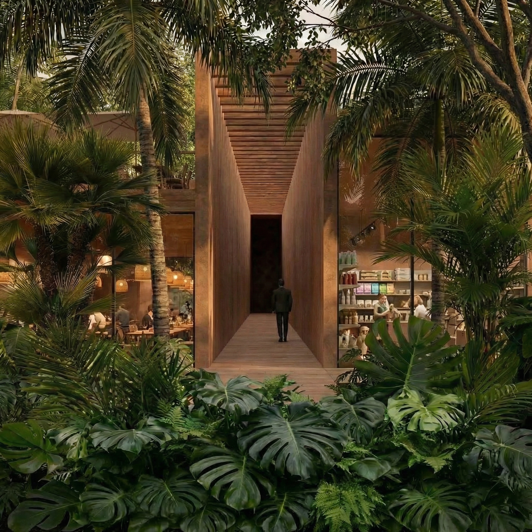 Pasillo estrecho hacia el jardín