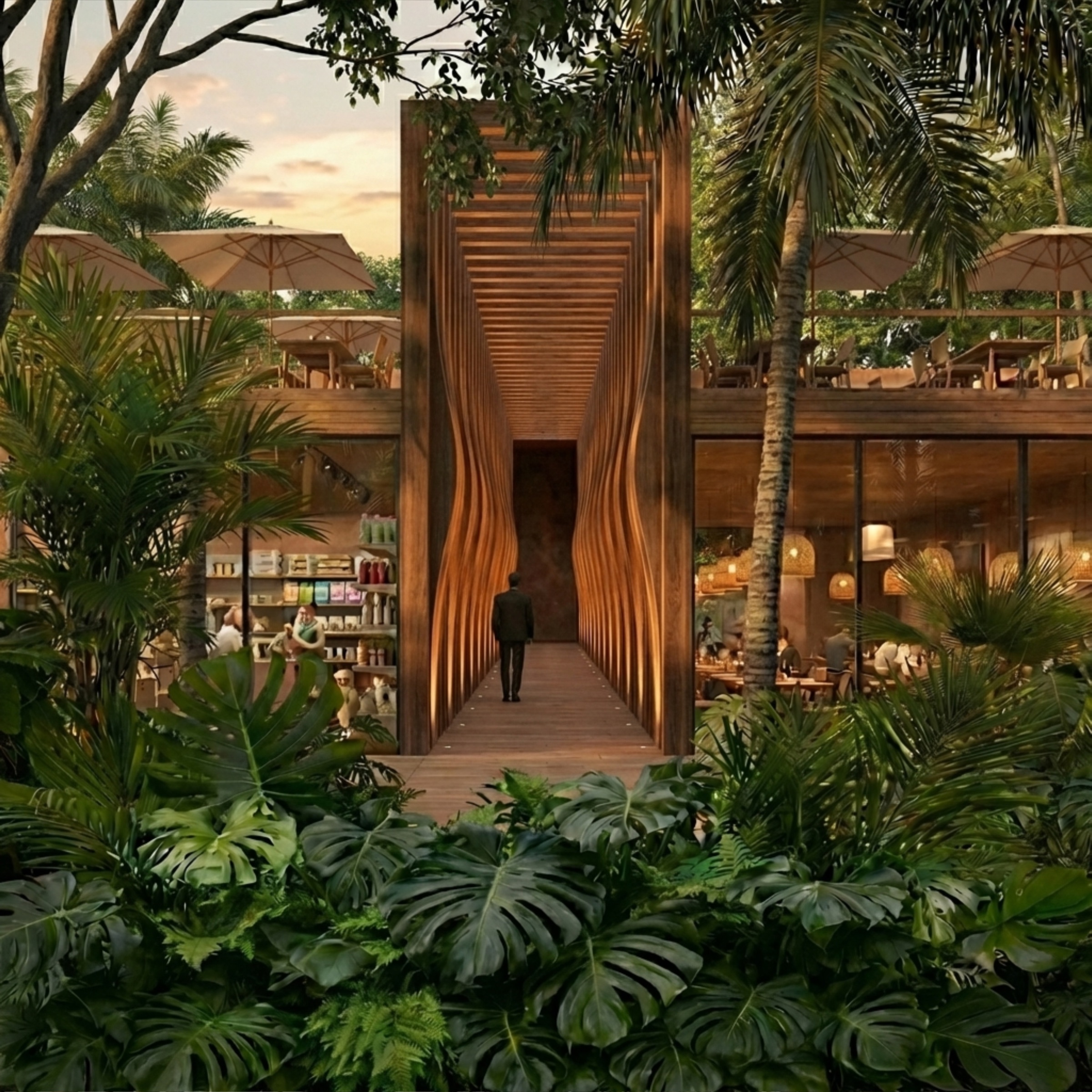 Entrada al patio desde el jardín · pasarela de madera entre Market y Restaurante